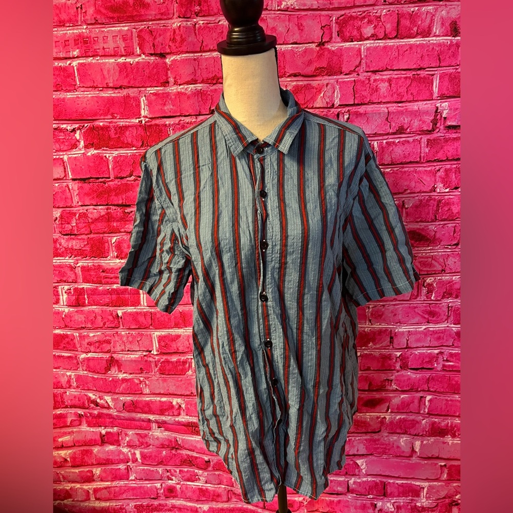 Vatpave Men's Short Sleeve Button Down Shirt Blue Red‎ Striped Size L